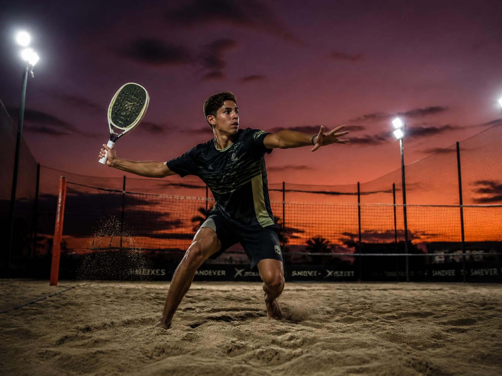 Jogador de Beach Tennis em ação na quadra de areia ao anoitecer
